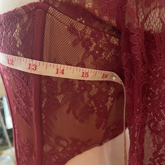 Super Sexy Burgundy lace top with peak hole, long sleeves with ruffles - Picture 7 of 7